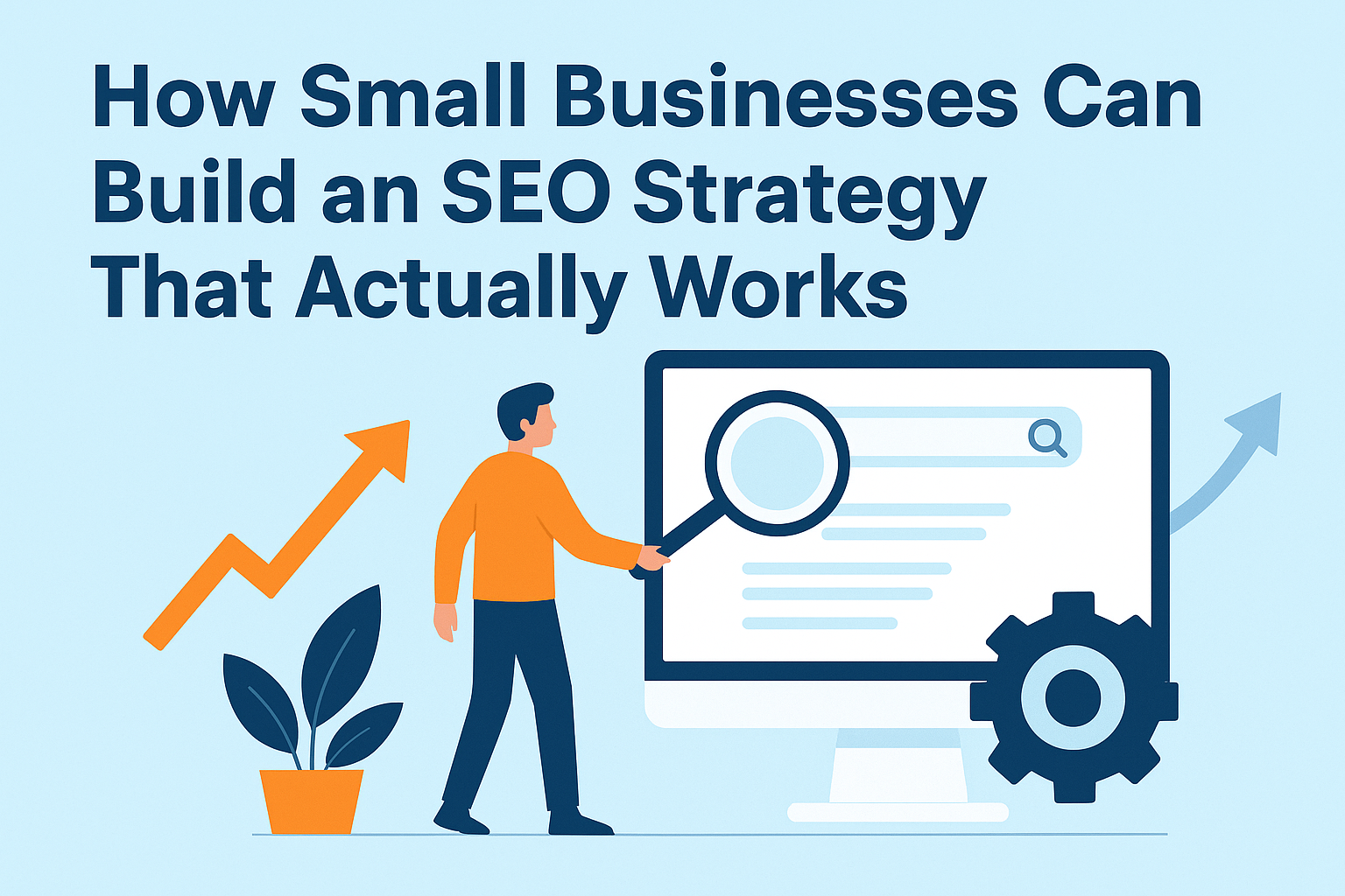 Small business owner analyzing SEO growth charts on a laptop with website analytics and upward trend icons